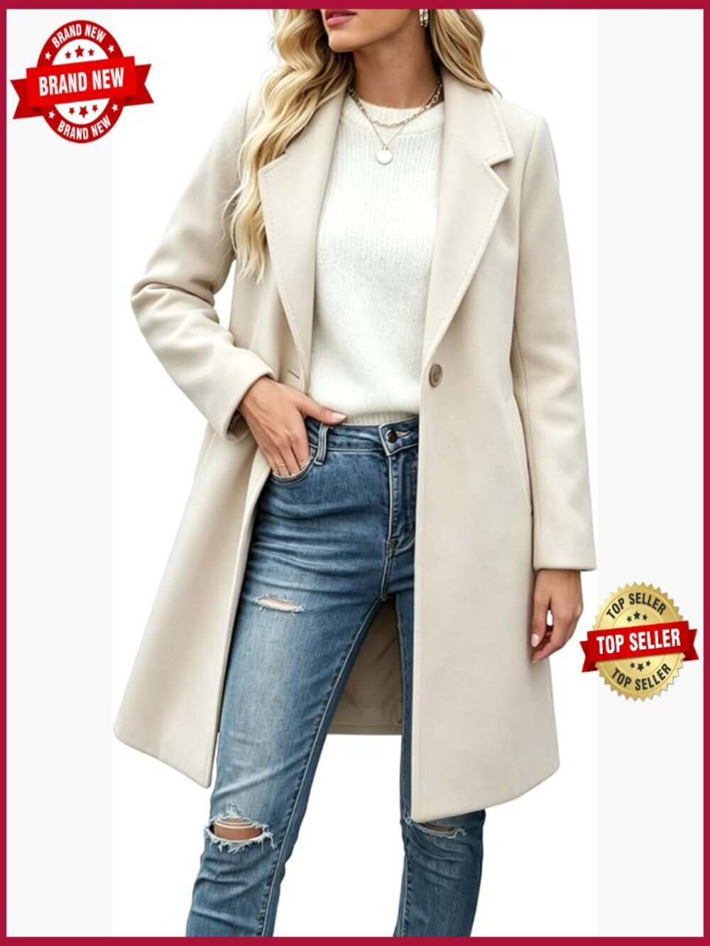 Wool Blend Mid-Long Double-Breasted Pea Coat Notch Lapel Jacket